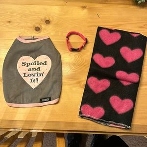 Small dog tshirt, pink collar and black/pink fleece blanket.